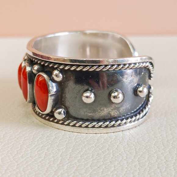 Navajo 900 Silver Cuff with Mediterranean Red Coral - Picture 6 of 8